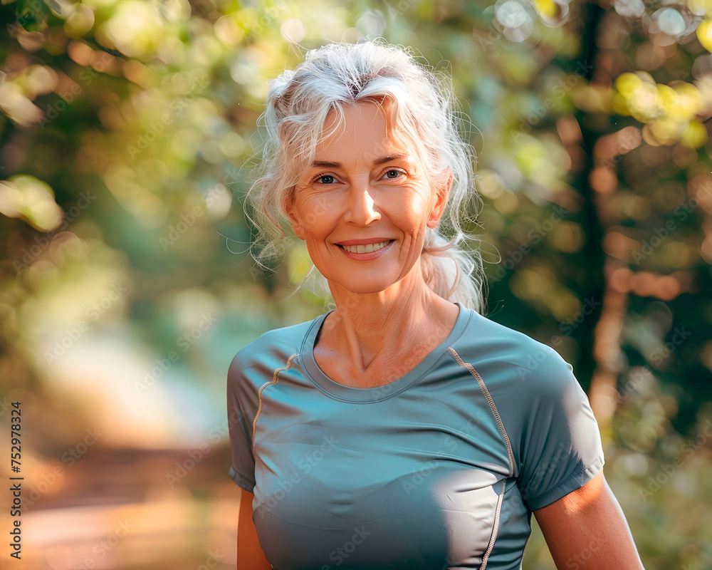 Long white-haired senior woman playing sports in the forest. Concept: exercise, vitality Long white-haired senior woman playing sports in the forest. Concept: exercise, vitality