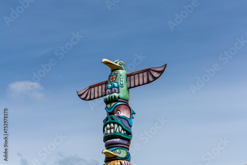 Slagharen, the Netherlands, 27 April 2023. Indian totem pole, hand-carved and hand-painted, in Slagharen attraction park.