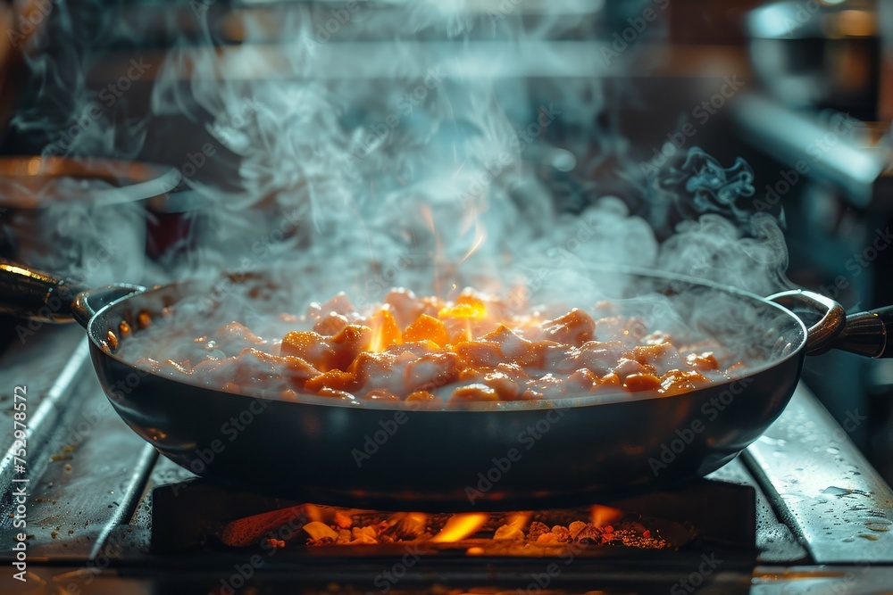 Hot, sizzling food cooks in a pan over an open flame, capturing the essence of culinary preparation Hot, sizzling food cooks in a pan over an open flame, capturing the essence of culinary preparation