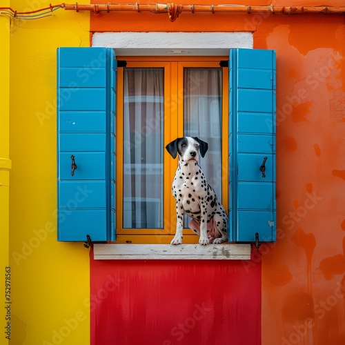 A Dalmatian dog sits in front of a colourful Mediterranean house facade