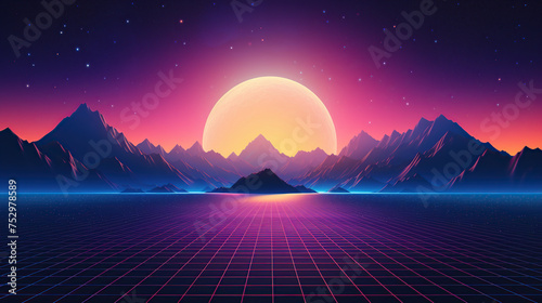 Synthwave retro cyberpunk style landscape background banner or wallpaper. Bright neon pink and purple colors generative ai