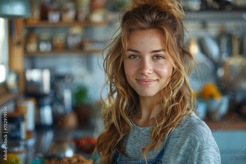 A woman in casual attire gives a friendly smile in a rustic home kitchen setting A woman in casual attire gives a friendly smile in a rustic home kitchen setting