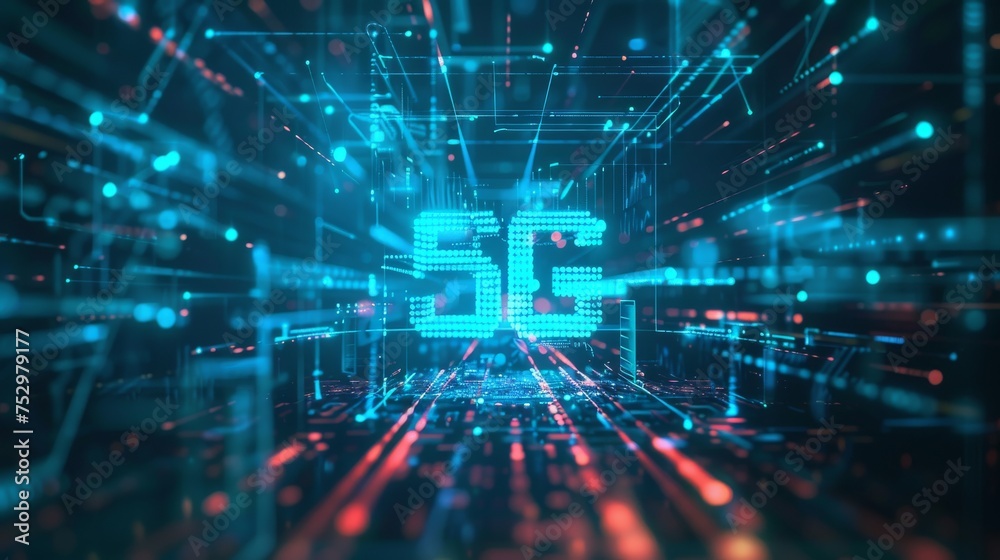 Next-generation networking background with abstract 5G symbols and high-speed data transmission visuals, suitable for tech presentations on 5G technology.