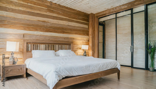 empty double bed and lamp on side of bed in luxury and natural style bedroom is decorated with wooden boards © netsay