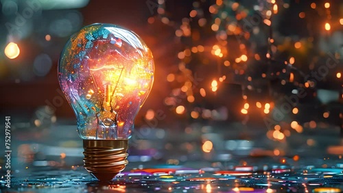Creative concept light bulb explodes with colorful water colors on a light blue background. Think different, creative idea. Productivity and creativity