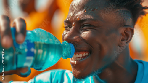 Ultra realistic close-up photography of famous soccer player vinicius jr smiling sweaty and drinking a cyan gatorade glass bottle, captured by an iphone 14 pro max photo