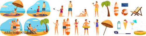 Selfie summer beach icons set cartoon vector. Smartphone mobile. Vacation swimsuit