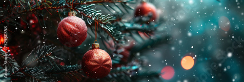 Red Christmas ball hangs on a snow-covered branch of a Christmas tree against a festive dark  background of white snow and golden bokeh lights with copy space. New Year  greeting and holiday card.