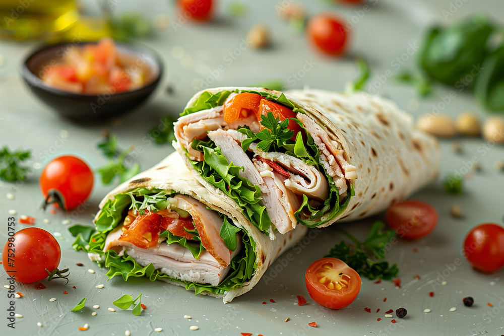 One delicious wrap with thin slices of smoked turkey and vegetables