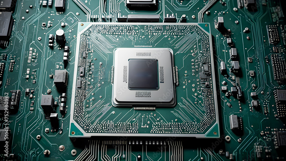Fototapeta premium Close-up of electronic circuit board with processor, microchip.