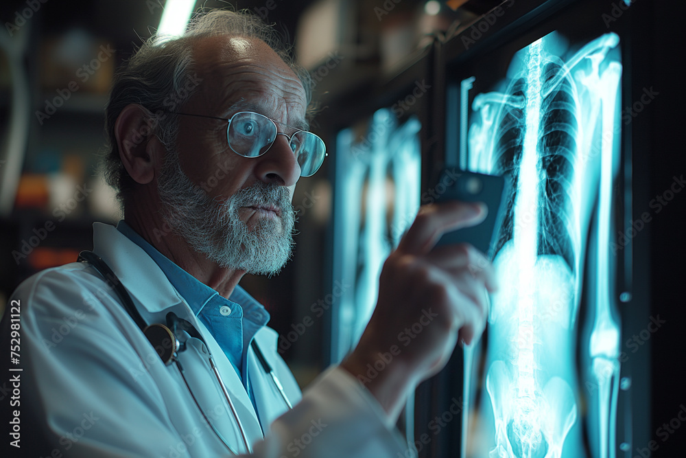 A doctor carefully studies an X-ray to evaluate a patients condition and plan further treatment A doctor carefully studies an X-ray to evaluate a patients condition and plan further treatment