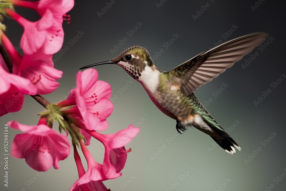 Fototapeta premium A Hummingbird is Feeding From a Pink Flower