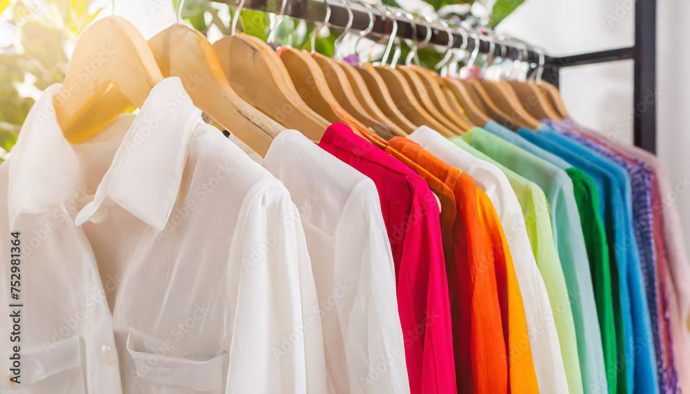 The image depicts a collection of fashionable clothes hanging on a clothing rack in a brightly colored closet. The close up shot showcases a variety of vibrant and colorful items specifically designed The image depicts a collection of fashionable clothes hanging on a clothing rack in a brightly colored closet. The close up shot showcases a variety of vibrant and colorful items specifically designed