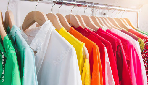 The image depicts a collection of fashionable clothes hanging on a clothing rack in a brightly colored closet. The close up shot showcases a variety of vibrant and colorful items specifically designed