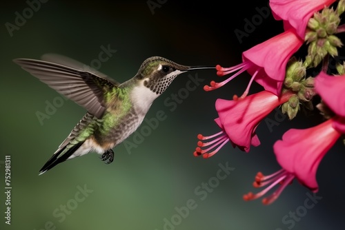 A Hummingbird is Feeding From a Pink Flower