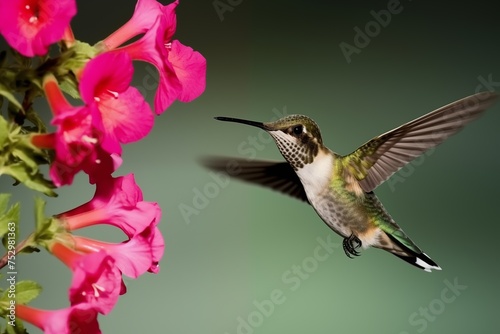 A Hummingbird is Feeding From a Pink Flower © Objectype