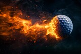 A flaming golf ball in motion, leaving a trail of fire and smoke against a dark background.