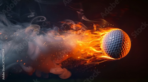 A flaming golf ball in motion, leaving a trail of fire and smoke against a dark background. © ParinApril
