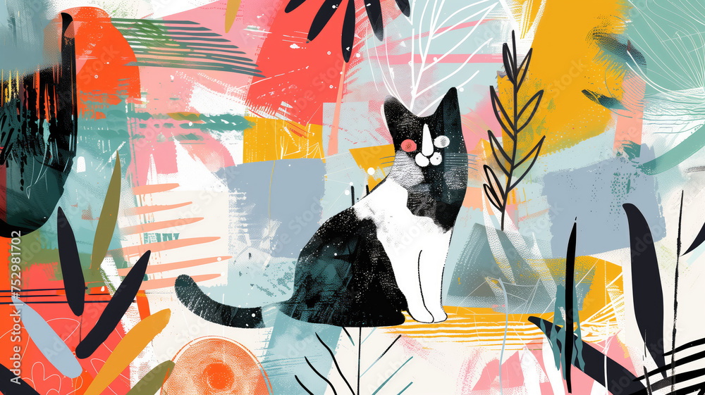 Cat, Abstract Shapes, Colorful Pop, Feeling Spring with Lots of Texture Generative AI