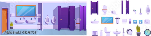 School toilet interior icons set cartoon vector. Public restroom. Furniture water closet
