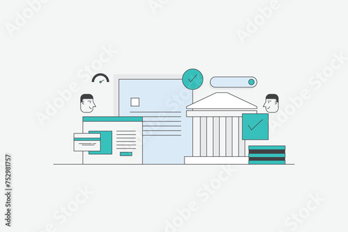 Bank loan approval, application for bank loan, Bank loan for home, Online loan approval, vector illustration line artwork.
