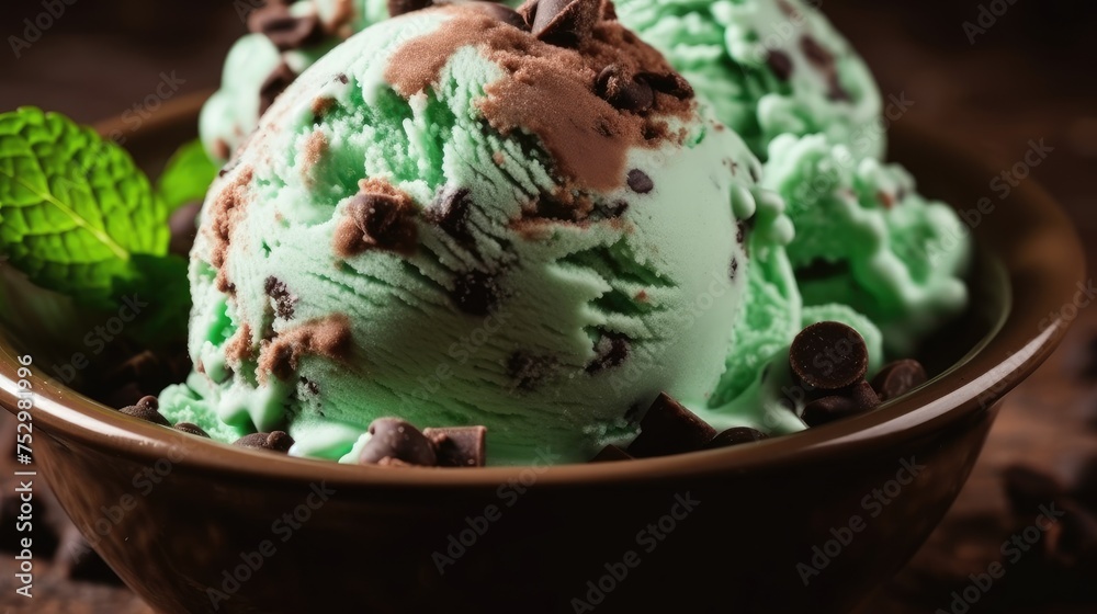 Mint Chocolate Chip Ice Cream in Dark Bowl Mint Chocolate Chip Ice Cream in Dark Bowl