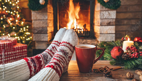 Stopy w wełnianych skarpetkach przy świątecznym kominku. Kobieta relaksuje się przy ciepłym ogniu z filiżanką gorącego napoju i rozgrzewa stopy w wełnianych skarpetach. Zamknij się na nogach. Zimowe i świąteczne wakacje koncepcji.