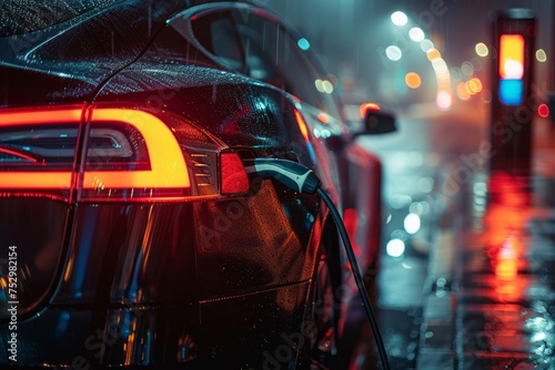 An electric car charging at a station on a rainy evening.