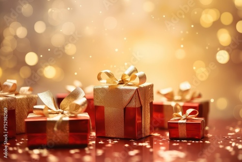 Festive Golden Gift Boxes on Sparkling Background