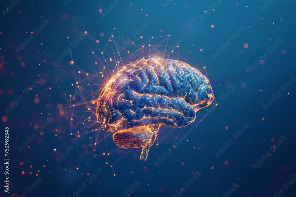 A glowing digital illustration of a human brain with neural connections on a blue background. A glowing digital illustration of a human brain with neural connections on a blue background.