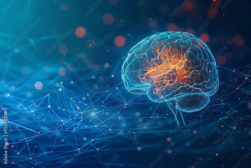 A glowing digital illustration of a human brain with neural connections on a blue background. A glowing digital illustration of a human brain with neural connections on a blue background.