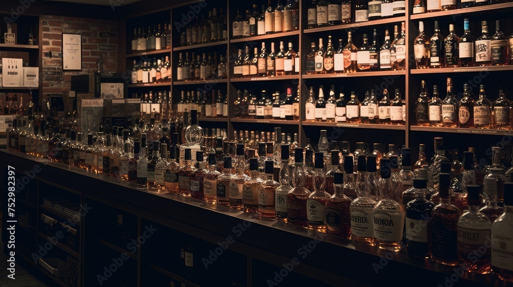 Vintage Whiskey Bottles Lined Up in Dim Bar