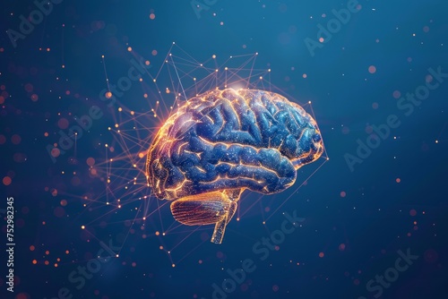 A glowing digital illustration of a human brain with neural connections on a blue background.