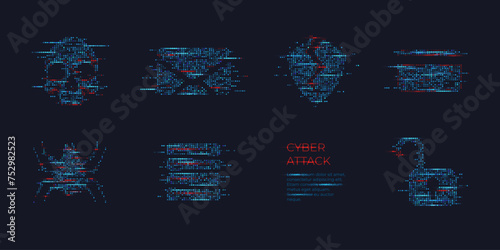 Fraud icons. Abstract digital hacker icon set in futuristic glowing dots style. Skull, bag, unlock, data server, broken shield, and bank card with red glitch dangerous particles. Vector illustration.