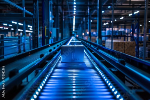 Conveyor belt in a warehouse with packages and blue guiding lights.
