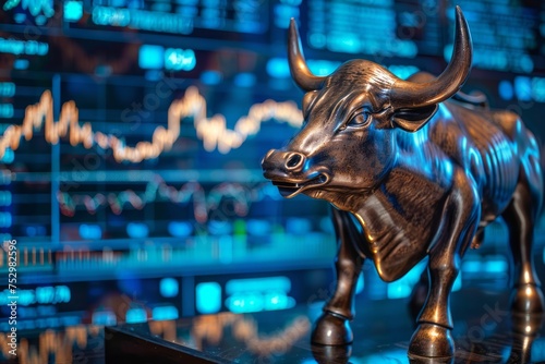 A bull statue in front of fluctuating stock market graphs.