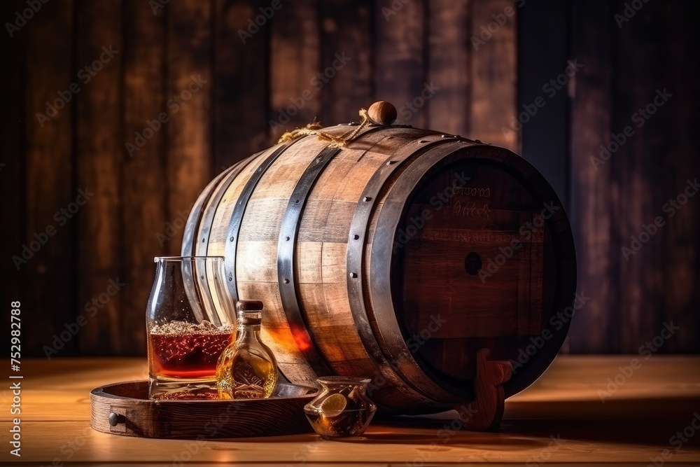 Vintage Whiskey Barrel with Glass in Rustic Setting