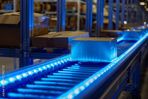 Conveyor belt in a warehouse with packages and blue guiding lights.