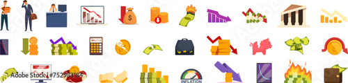 Economic recession icons set cartoon vector. Money finance. Crisis management indicator