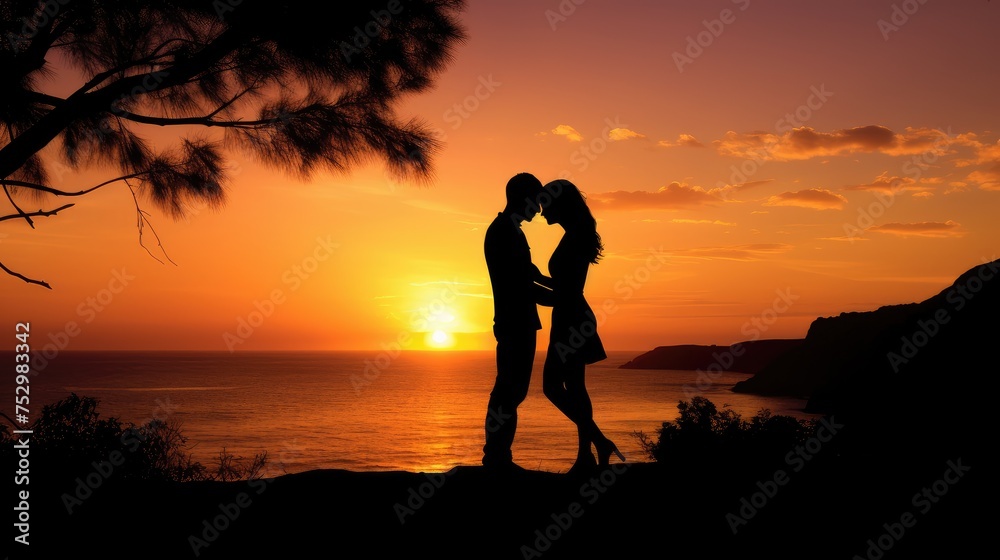 Silhouette of Couple Kissing at Sunset