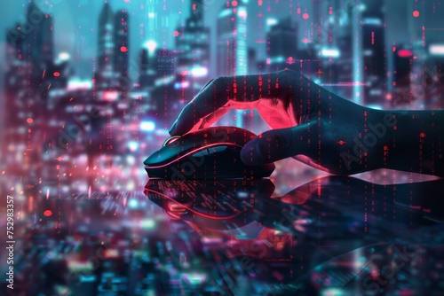Hand using a computer mouse with code and cityscape overlay.