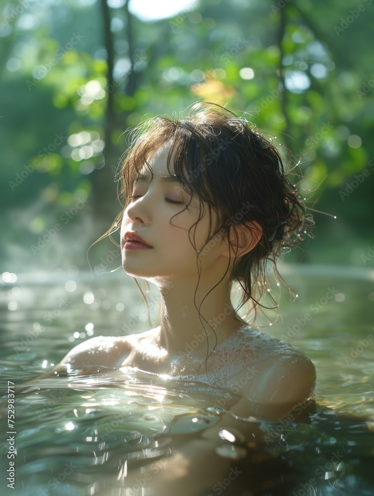 girl basks in the soothing waters of a natural outdoor hot spring. healing spa photo girl basks in the soothing waters of a natural outdoor hot spring. healing spa photo
