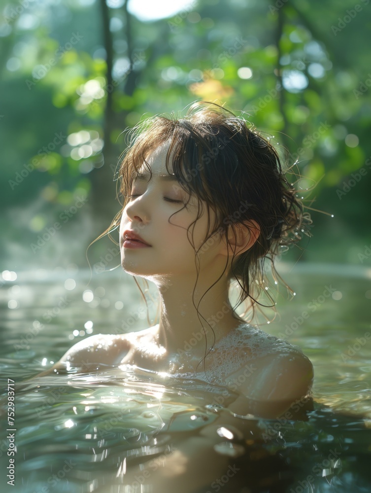 girl basks in the soothing waters of a natural outdoor hot spring. healing spa photo