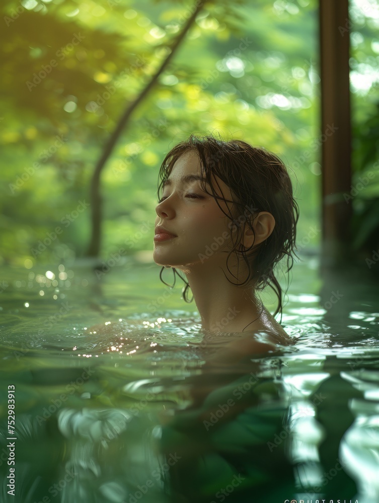 girl basks in the soothing waters of a natural outdoor hot spring. healing spa photo