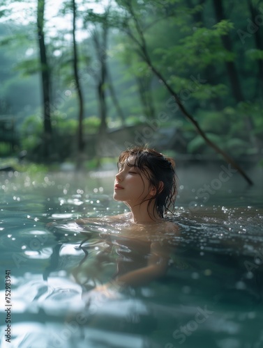 girl basks in the soothing waters of a natural outdoor hot spring. healing spa photo