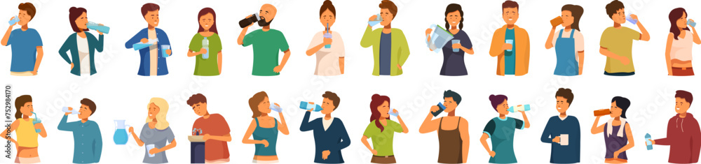 Thirsty people drinking icons set cartoon vector. Bottle glass filter. Person mom drink - obrazy, fototapety, plakaty 