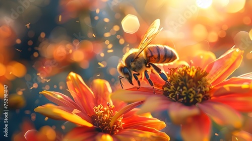 Honey Bee Among Vibrant Flowers at Sunrise, To showcase the beauty and importance of honey bees in nature, and the vibrant colors of a sunrise photo
