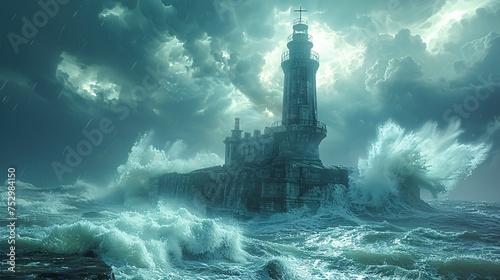 Stormy sea with lighthouse. 3D render. Fantasy illustration.