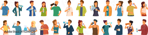 Thirsty people drinking icons set cartoon vector. Bottle glass filter. Person mom drink