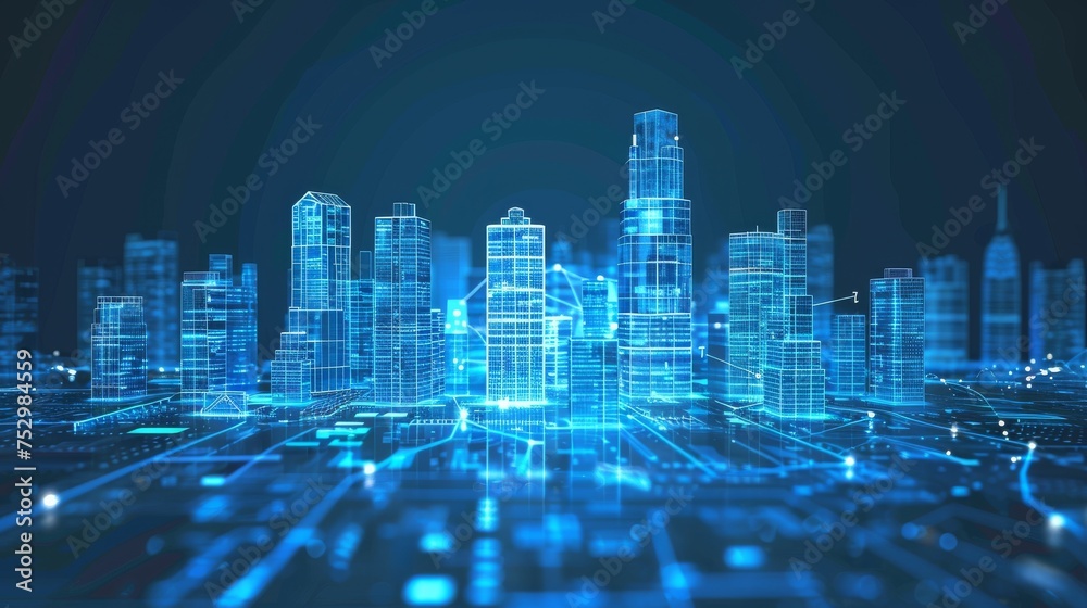 Urban planning and smart city infrastructure background with digital buildings and energy grids, ideal for presentations on urban technology and development.